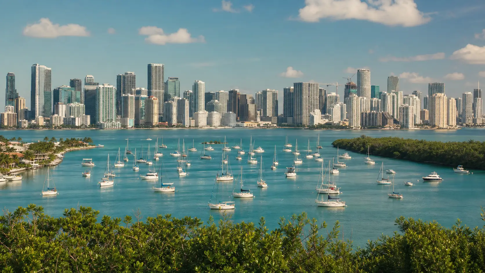 The Miami skyline across Biscayne Bay, with moored sailboats and mangroves in the foreground